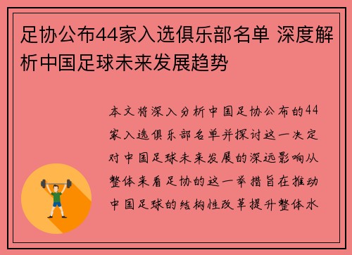 足协公布44家入选俱乐部名单 深度解析中国足球未来发展趋势