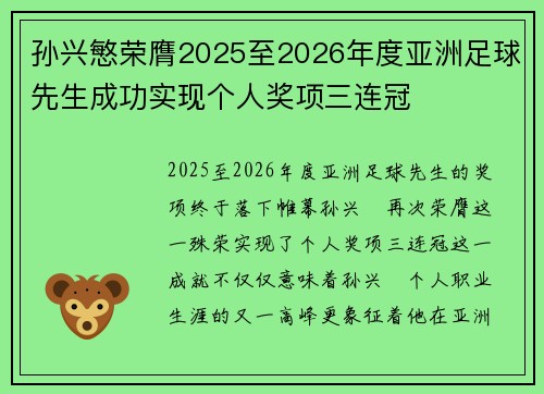 孙兴慜荣膺2025至2026年度亚洲足球先生成功实现个人奖项三连冠 孙兴慜荣膺2025至2026年度亚洲足球先生成功实现个人奖项三连冠